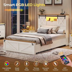 Modern bedroom with smart RGB LED lights and a smartphone app control interface.