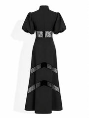 Black Lace Patchwork Puff Sleeve Maxi Dress
