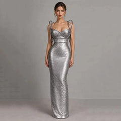 Metallic Sheath Corset Bandage Maxi Dress