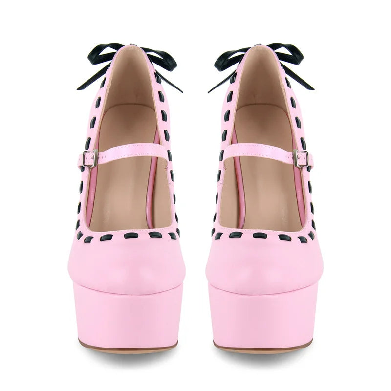 Front view of pink platform stiletto Mary Jane heels