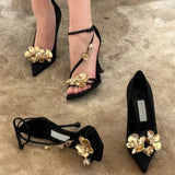 Black Gold Metallic Flower Pumps Fine High Heel Shoes