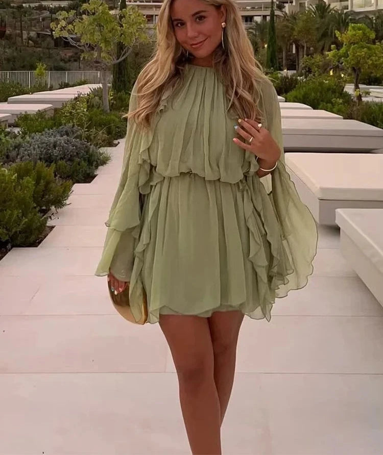 Green Round Neck Stacked Ruffle Mini Dress 