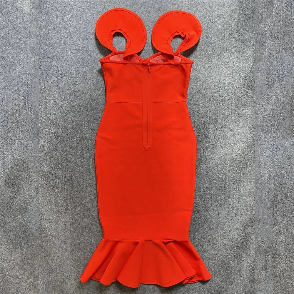 Red dress with unique cutout shoulders on a gray background