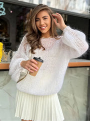 White Round Neck Long Lantern Sleeves Sweater