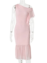 Pink Asymmetrical One Shoulder Ruffle Hem Midi Dress