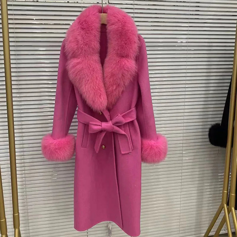 Women Blended Wool Long Jacket With Belt Fox Fur Cuff