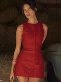 Red Black Sleeveless O Neck Solid Mini Tank Dress