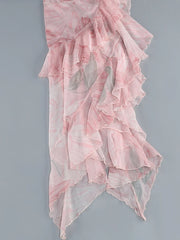 Spaghetti Strap Floral Print Ruffle High-Slit Asymmetrical Hem Maxi Dress