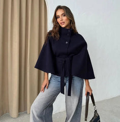Stand Collar Belted Cape Coat