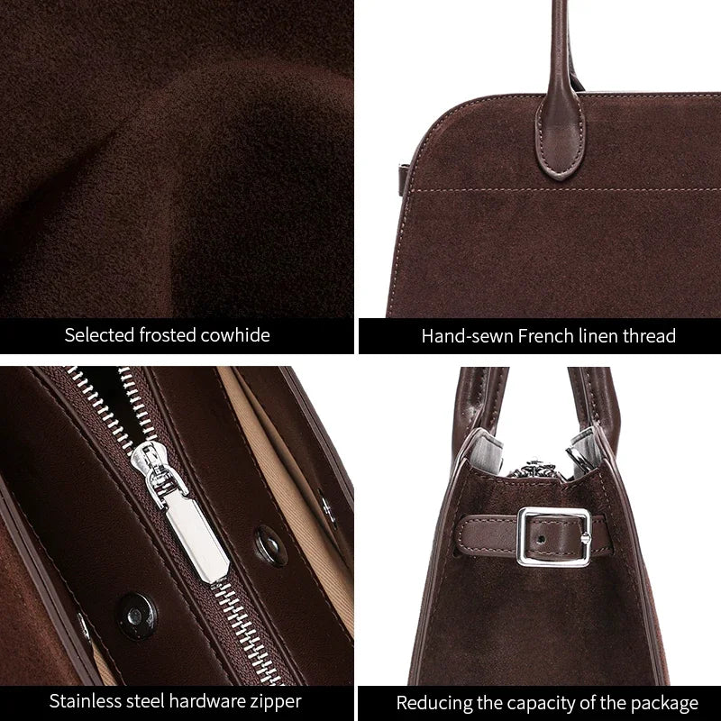 Brown leather bag with close-up details on material, stitching, zipper, and hardware.