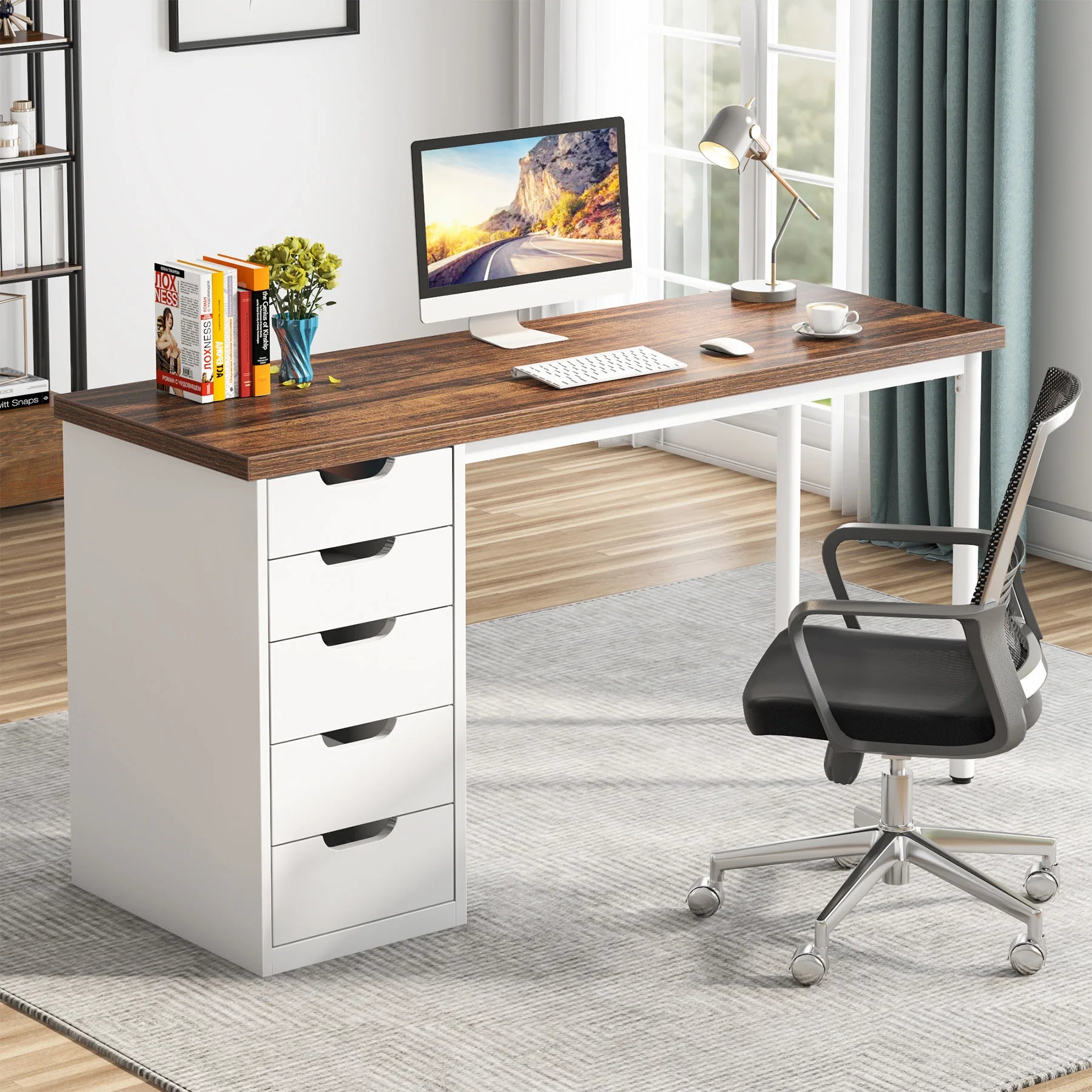 Home office setup with a wooden desk, chair, and computer monitor.