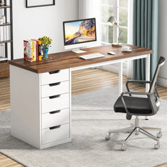 Home office setup with a wooden desk, chair, and computer monitor.