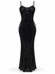 Black Rhinestone Lace Side Patchwork Spaghetti Strap Maxi Dress
