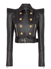 Women's double breasted faux leather short jacket with belt for streetwear.