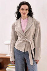 Belted suede cropped blazer in gray apricot