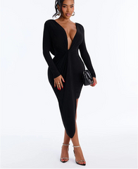 Draped Knot Deep Neck Long-Sleeve Mini Dress