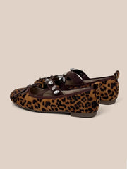 Embroidered Floral & Leopard Print Mary Jane Flats