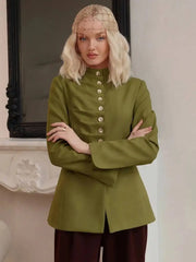 Green ruched mandarin collar blazer with button front