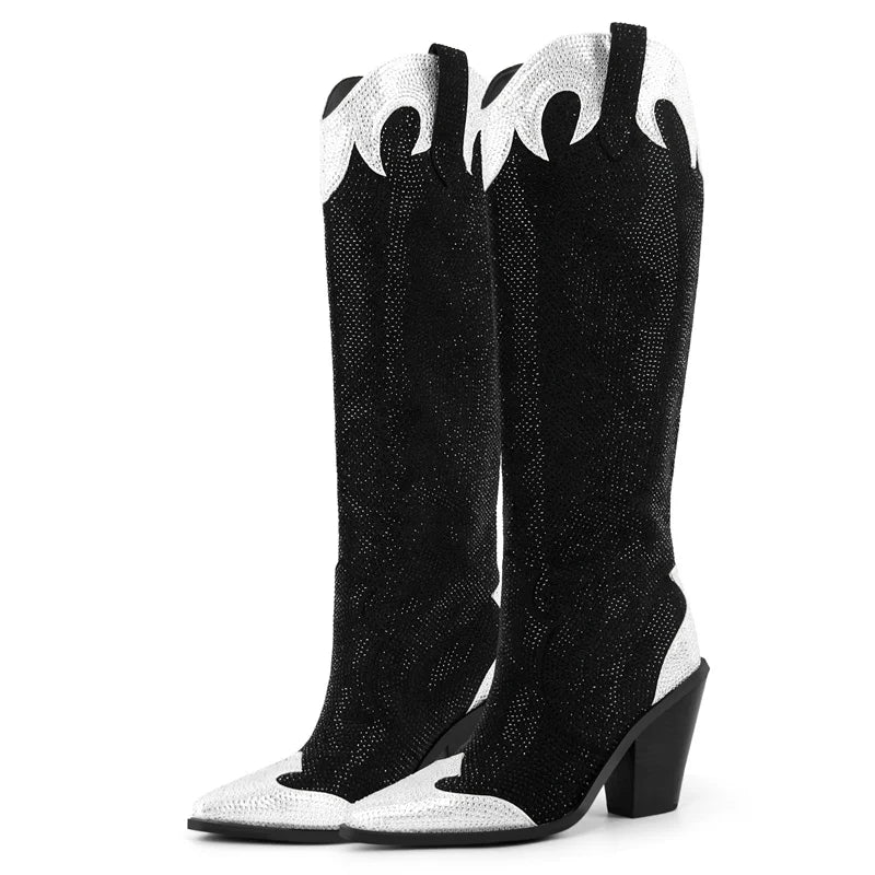 Knee high rhinestone cowboy boots - toe detail