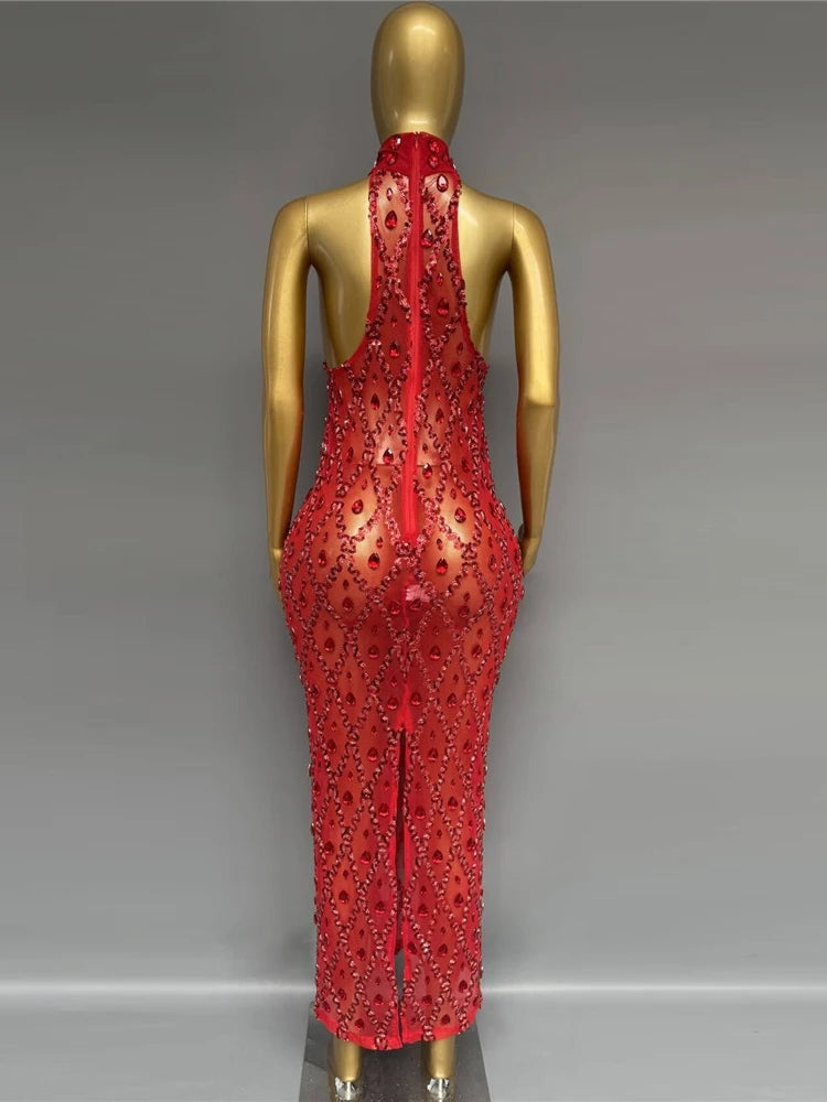Red Rhinestone Sheath Dress on Mannequin