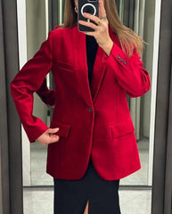 Red Turn Down Collar Pockets Single Button Women Blazer