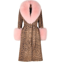 Leopard print coat with pink fur trim 