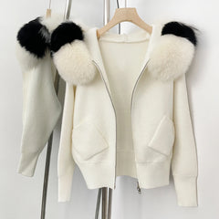 knit zip hoodie with faux fur hood