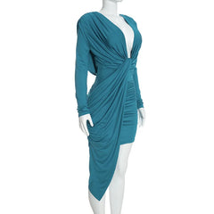 Draped Knot Deep Neck Long-Sleeve Mini Dress