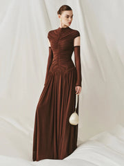Brown ruched mock neck maxi dress with long sleeves