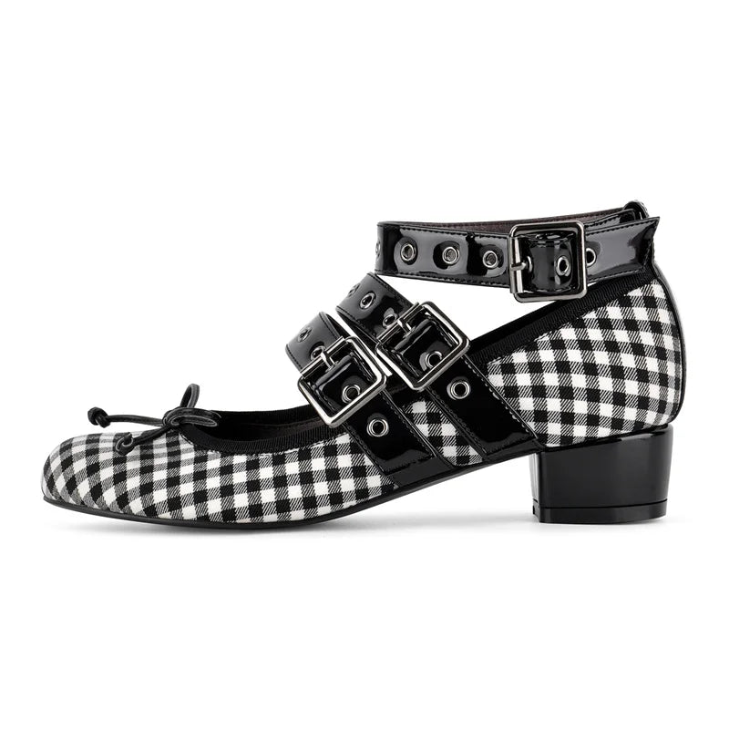 Gingham buckle strap block heel pumps profile view