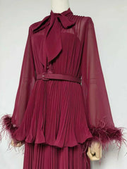 Round Collar Bow Neck Long Sleeve Pleated Maxi Dress