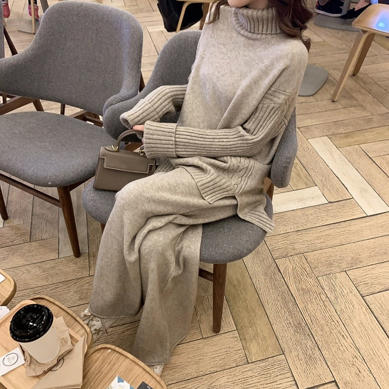 Knitted Tracksuit Turtleneck Sweater & Wide Leg Jogging Pant Suit