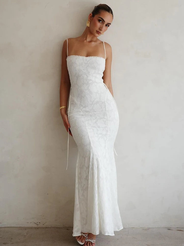 White Open Back Lace-up Spaghetti Strap Long Dress