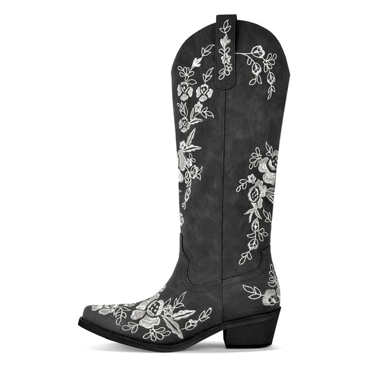 Floral embroidered pointed toe boots with side zipper