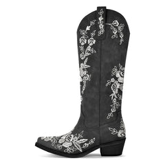 Floral embroidered pointed toe boots with side zipper
