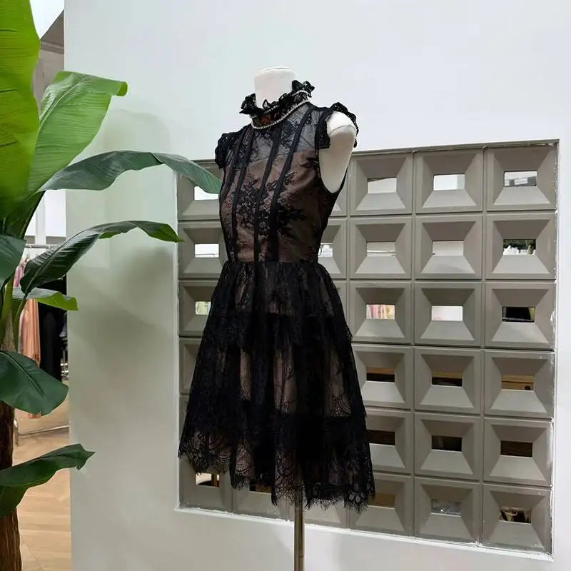 Black lace stand collar mini dress side view