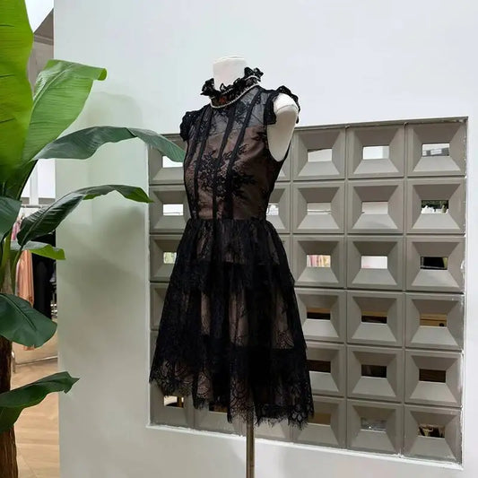 Black lace stand collar mini dress side view