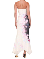 Strapless Satin Cheery Blossom Floral Maxi Dress
