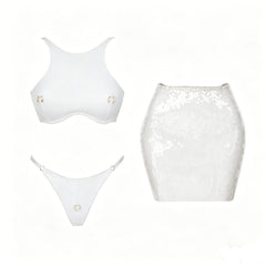 Solid Sequin Bikini and Skirt Swimwear Set