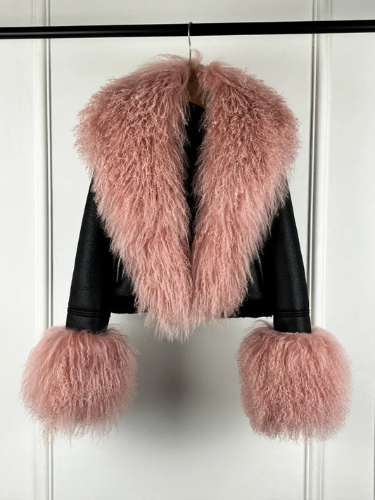 Pink faux fur collar and cuff moto jacket