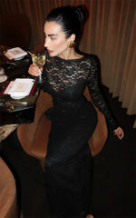 Black Lace Sheer Long Sleeve Ruched Maxi Dress