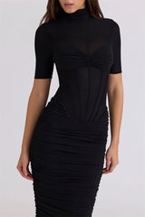 Elegant ruched midi dress with a clean minimalist shape