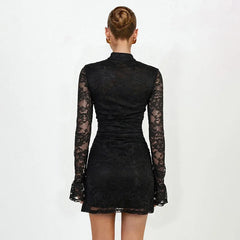 Black Lace Keyhole Mock Neck Mini Dress