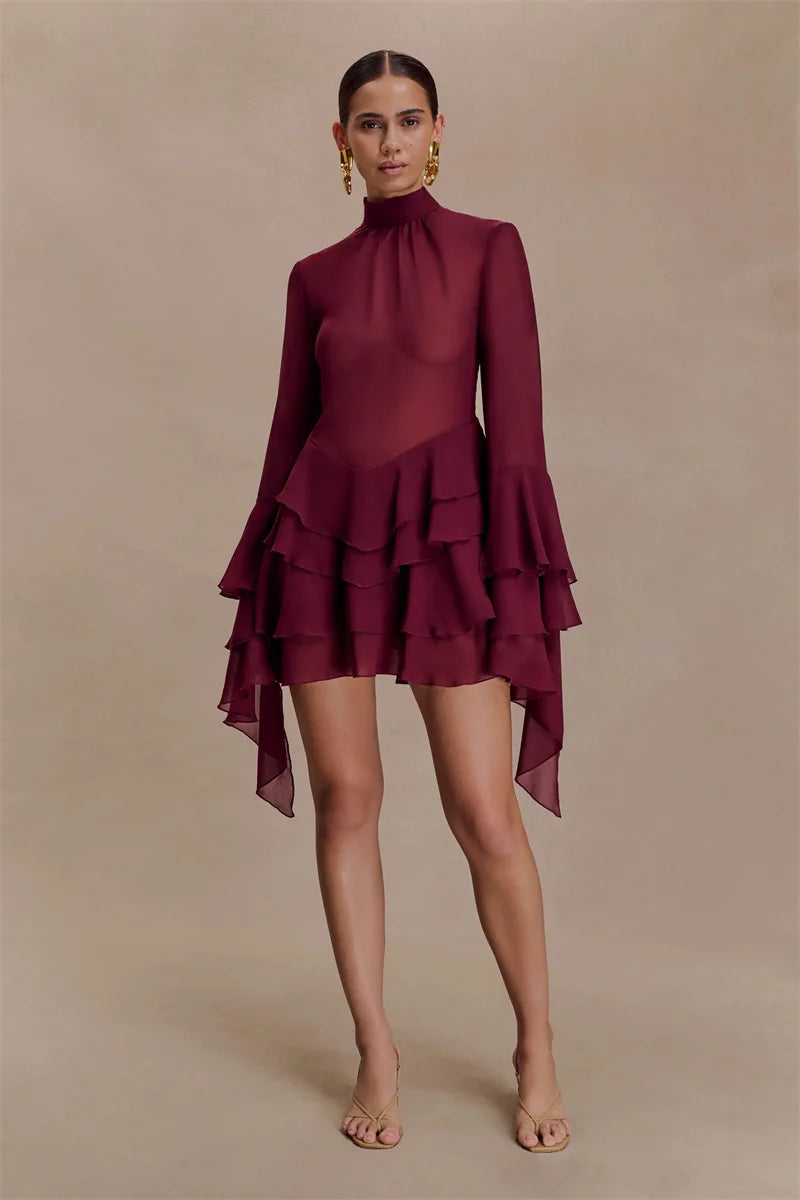 Sheer ruffle turtleneck mini dress full body front view