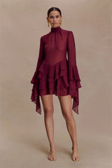 Sheer ruffle turtleneck mini dress full body front view