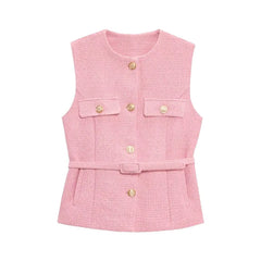 Tweed Belted Sleeveless Top