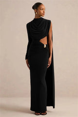 Black draped cutout waist maxi dress