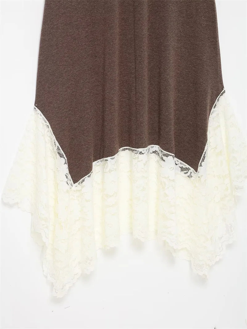 Brown fabric with white lace trim on a white background
