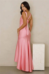 Satin Backless Asymmetrical Hem Maxi Dress
