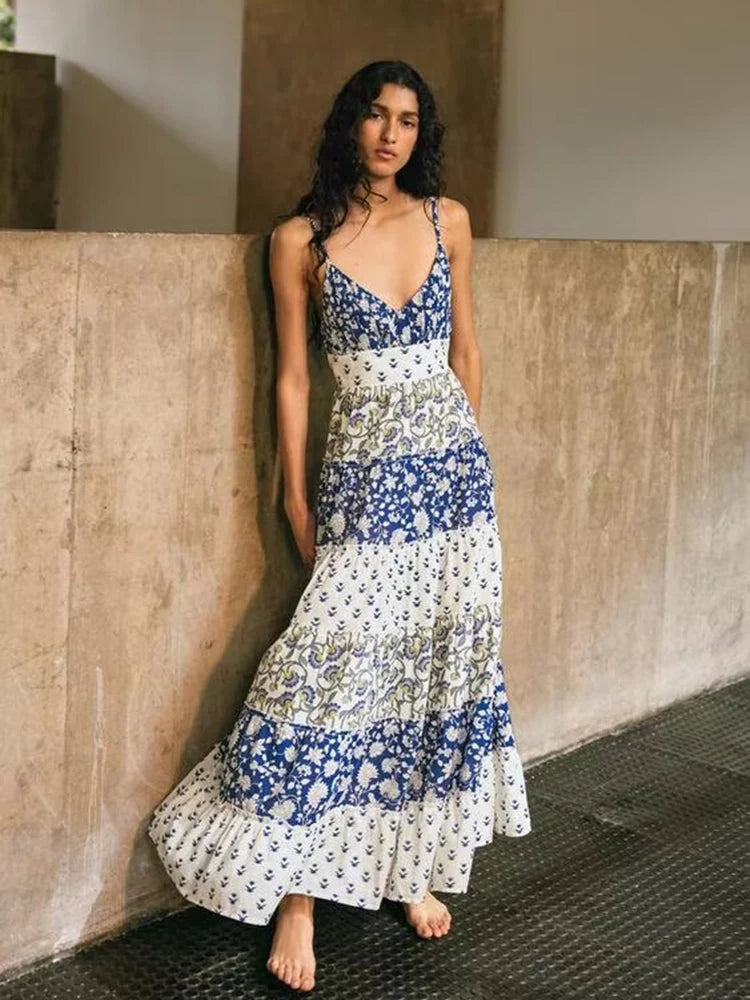 Tiered spaghetti strap V-neck maxi dress